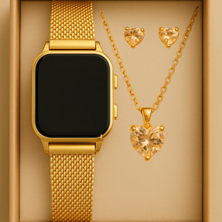 KIT RELOGIO LED DIGITAL QUADRADO FEMININO + CORRENTE E BRINCO LUXO em Oferta na Shopee