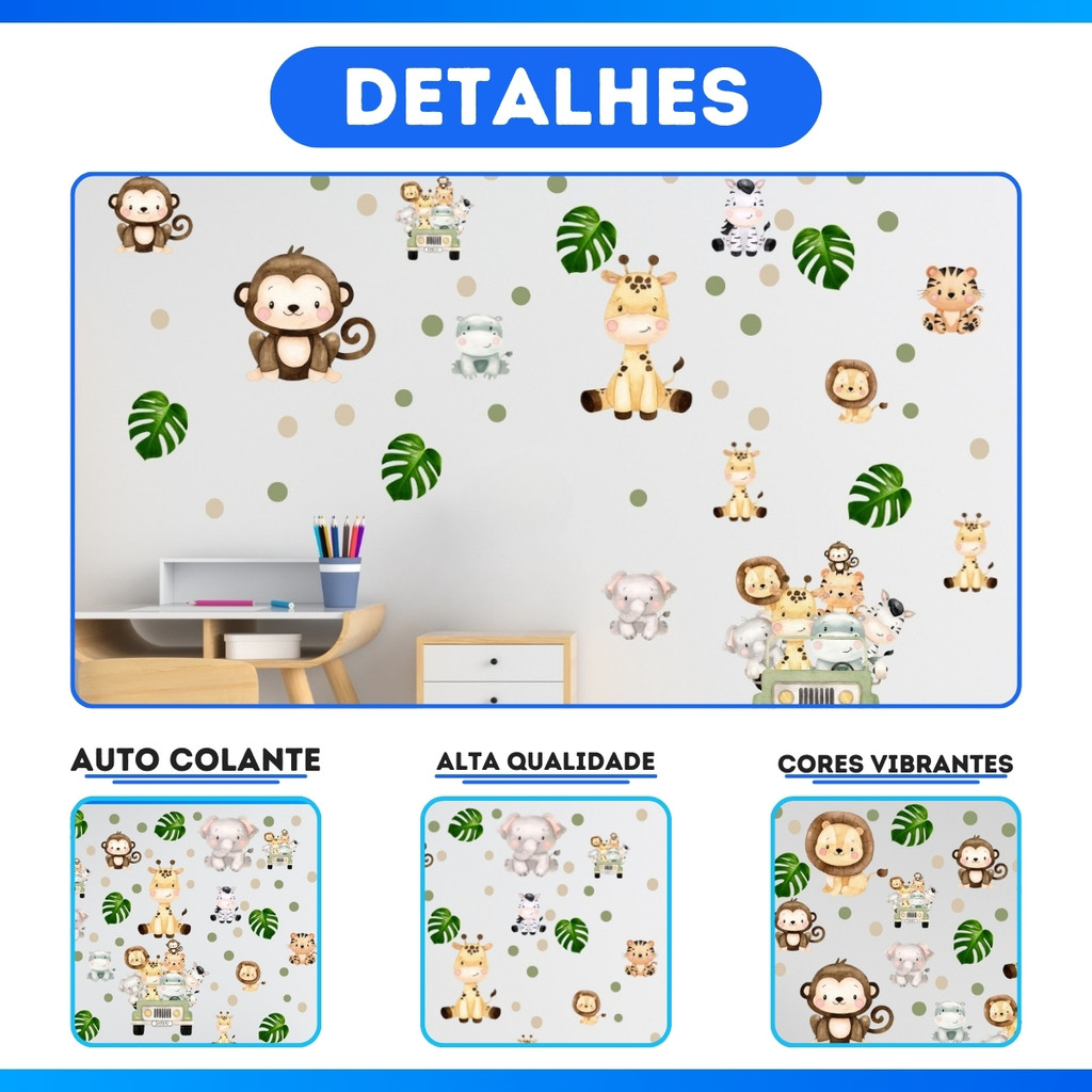 Kit de 44 Adesivos Recorte Animais Safari + Bolinhas - Papel de Parede Infantil DESCONTO