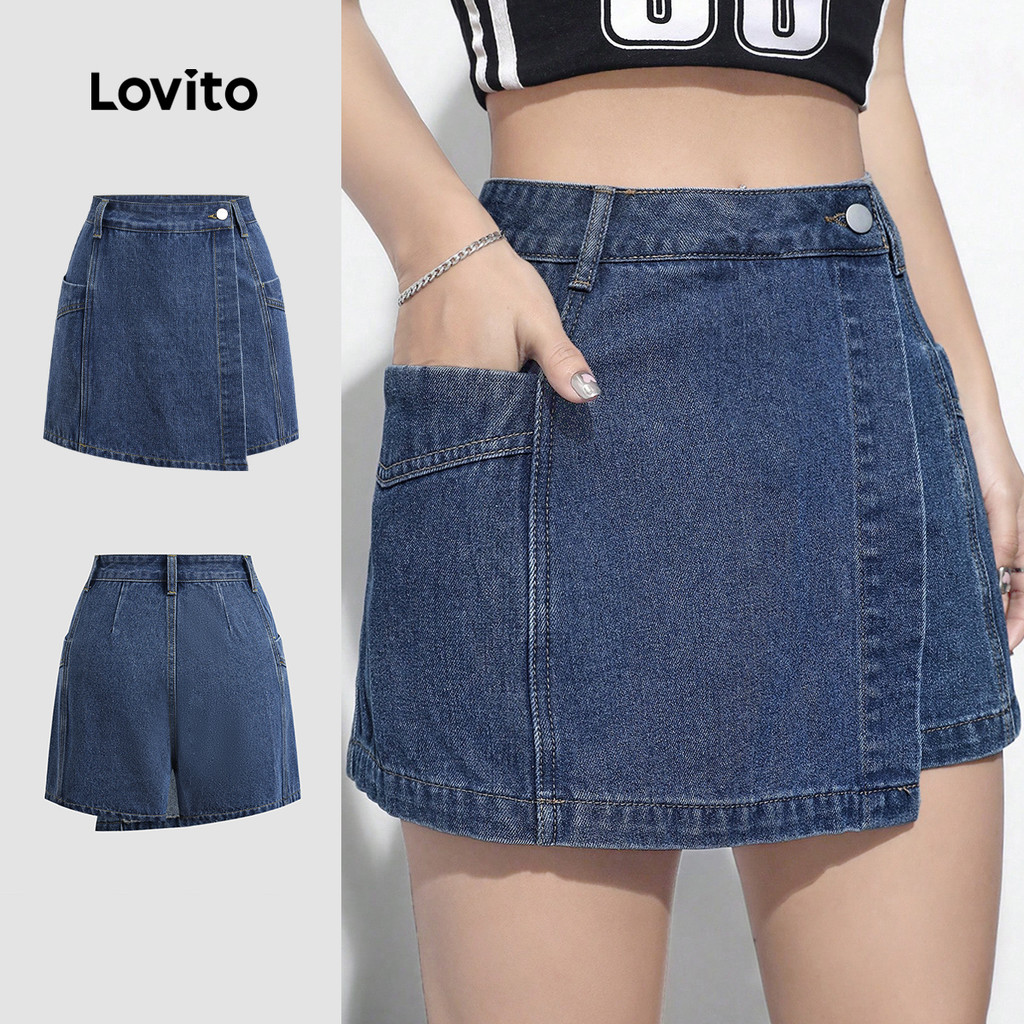 Lovito Casual Shorts Jeans com Boca de Cobertura e Bolso Lavado Primavera/verão Shorts Jeans Azuis L142ED447