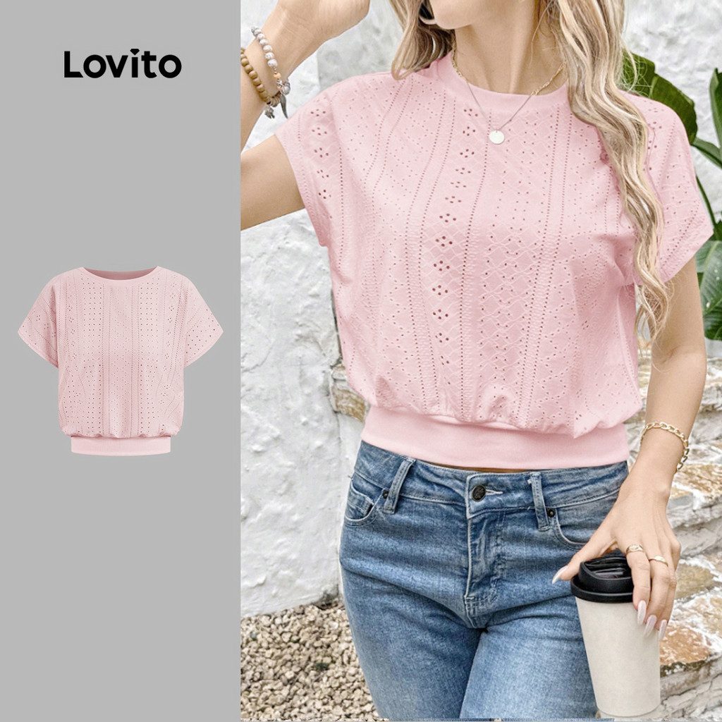 (New) Lovito Camisa Casual de Algodão  Costura de Tecido  Franzida  Leisure  Primavera/verão  Camiseta rosa L142ED255 em Oferta na Shopee