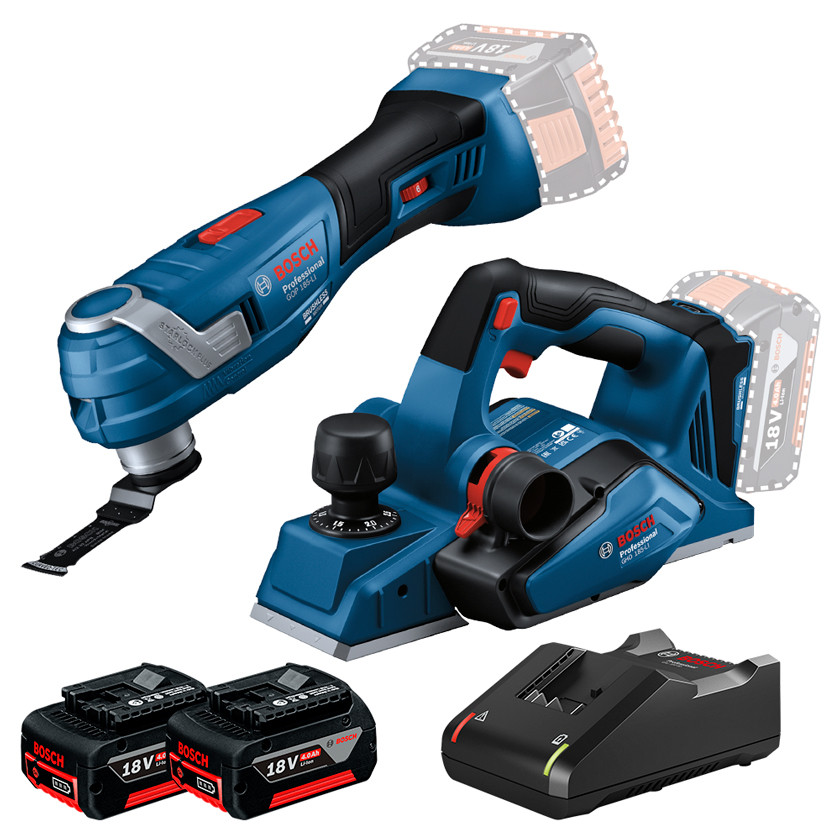 Kit Multicortadora Oscilante GOP 185-LI + Plaina GHO 185-LI + 2 Bateria 4Ah + Carregador Rápido Bosch