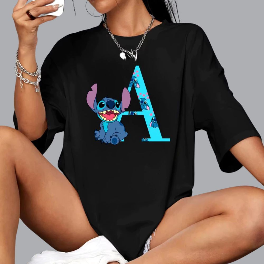 Camiseta Feminina Treino 100% Algodão Estampa Lille Stitch Alfabeto Casual Street Academia em Oferta na Shopee