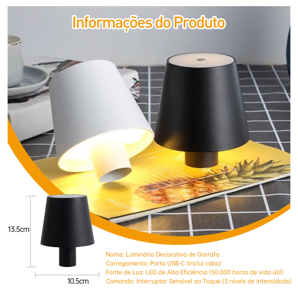 Abajur Luminária Led Para Garrafa De Vinho Whisky 3 Cores Touch Sem Fio Recarregável Portátil Mesa Sala Decorativa