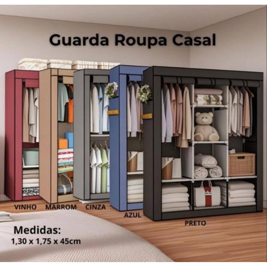 Arara Guarda Roupa De Casal Dobrável Armário Organizador Multiuso Roupeiro Cabideiro Sapateira Capa