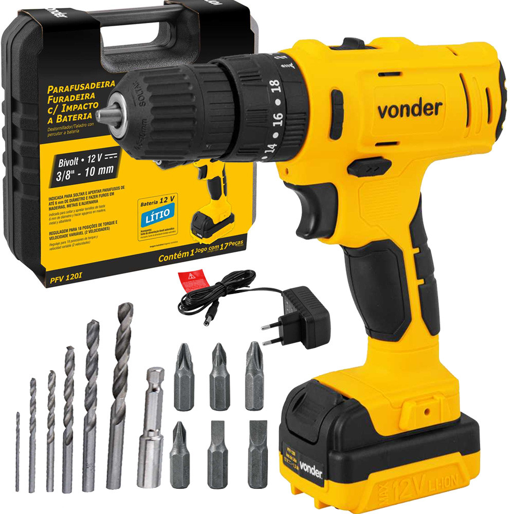 Parafusadeira Furadeira Com Impacto Profissional 12V PFV120I Bivolt + Broca Bits Maleta Vonder