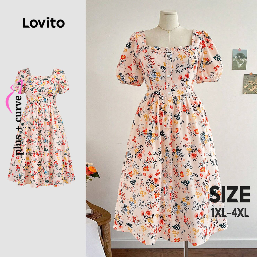 Lovito Vestido Casual Feminino Plus Size Com Babados Florais E Botões Na Frente Vestido De Verão/primavera LBL24105 em Oferta na Shopee