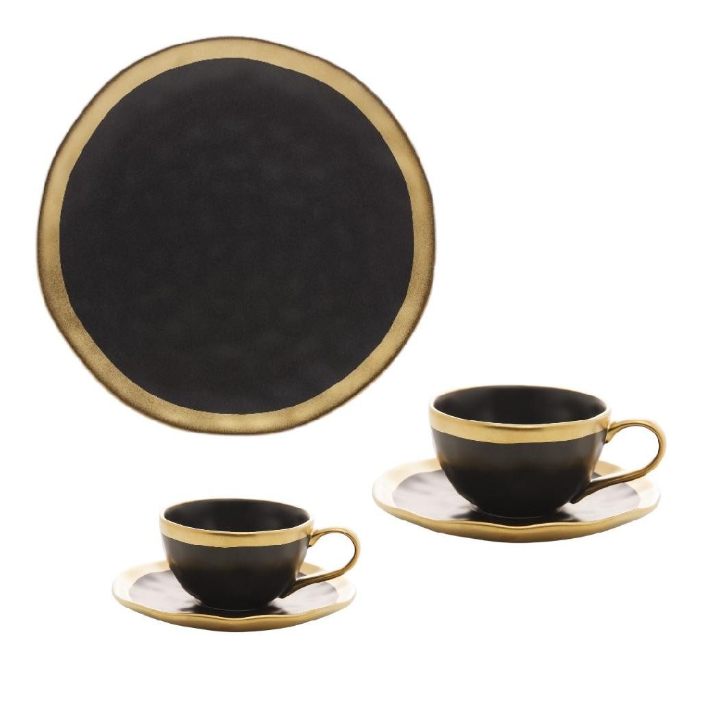 Jogo Dubai Cerâmica Com Prato Sobremesa E Xícara De Chá E Café 200ml 90ml Preto Dourado