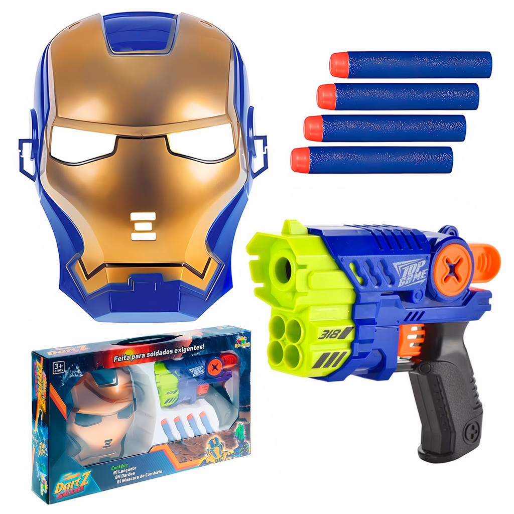 Kit Infantil Máscara Herói E Lançador De Dardos Espuma Brinquedo De Ação - Art Brink