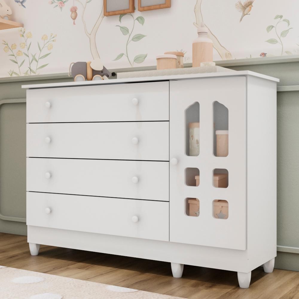 Cômoda Infantil 4 Gavetas com Porta Fraldário Gran Selena 100% MDF Branca em Oferta na Shopee