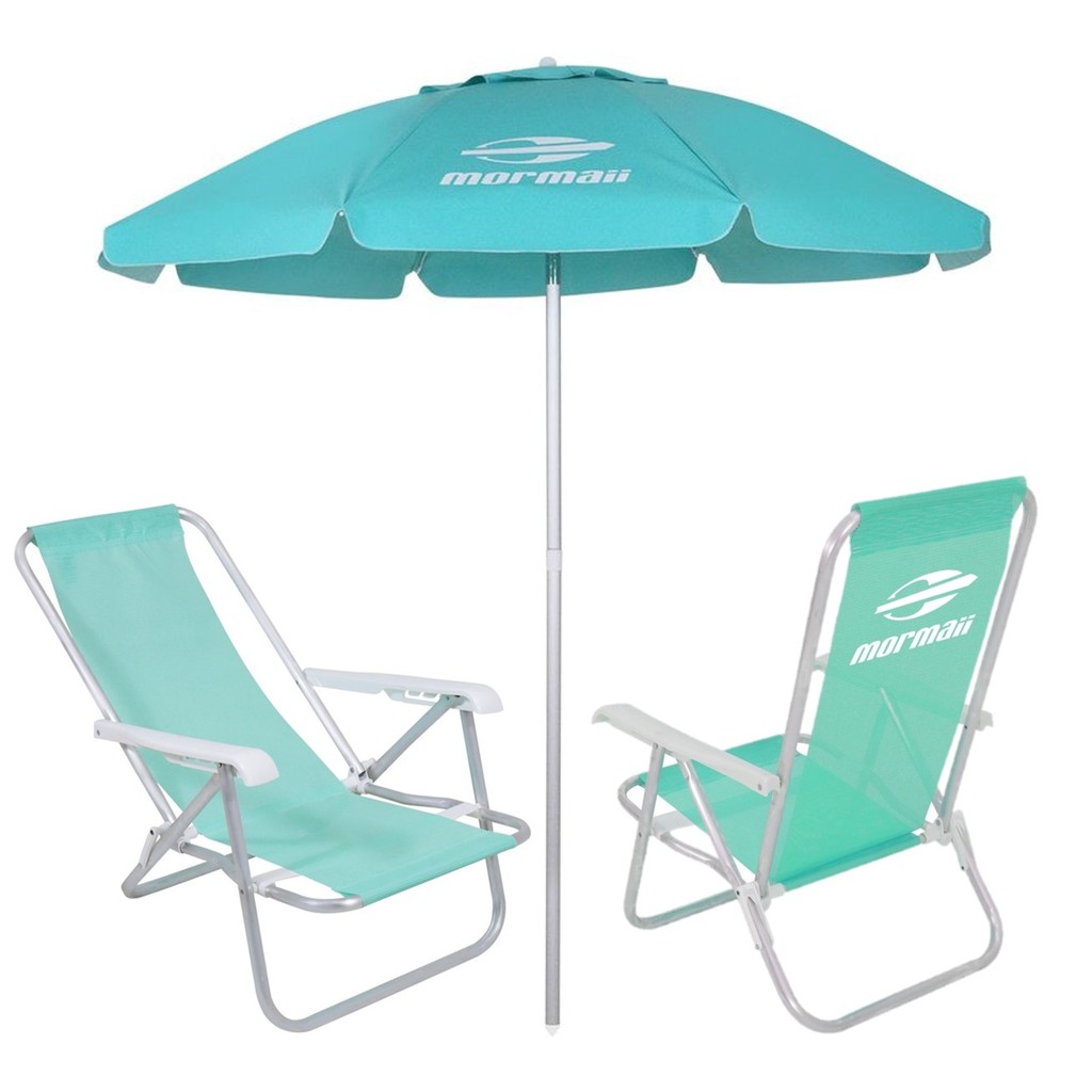 Kit 2 Cadeiras Reclinável Alumínio + Guarda Sol Bagum 2m Verde Mormaii - Belfix