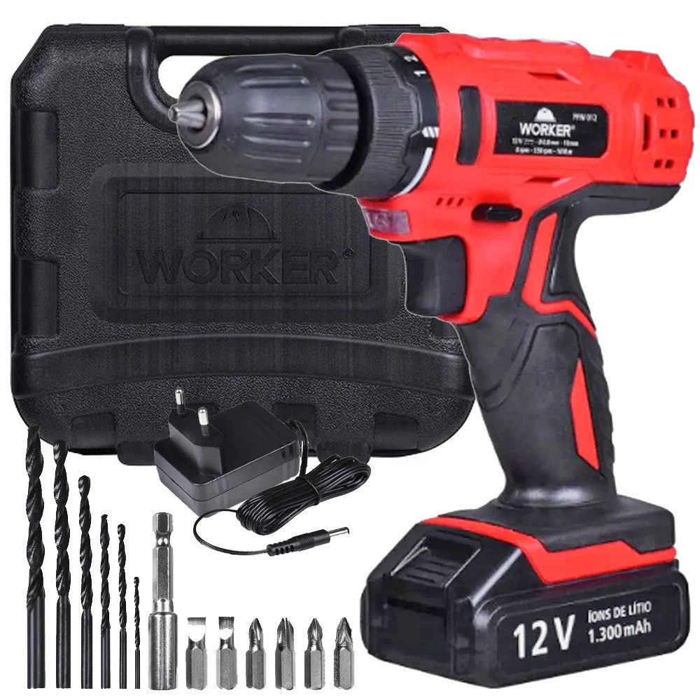 Parafusadeira Furadeira a Bateria 12V Bivolt PFW120 Com Maleta e 13 Acessórios Worker em Oferta na Shopee