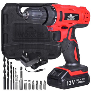 Parafusadeira Furadeira a Bateria 12V Bivolt PFW120 Com Maleta e 13 Acessórios Worker em Oferta na Shopee