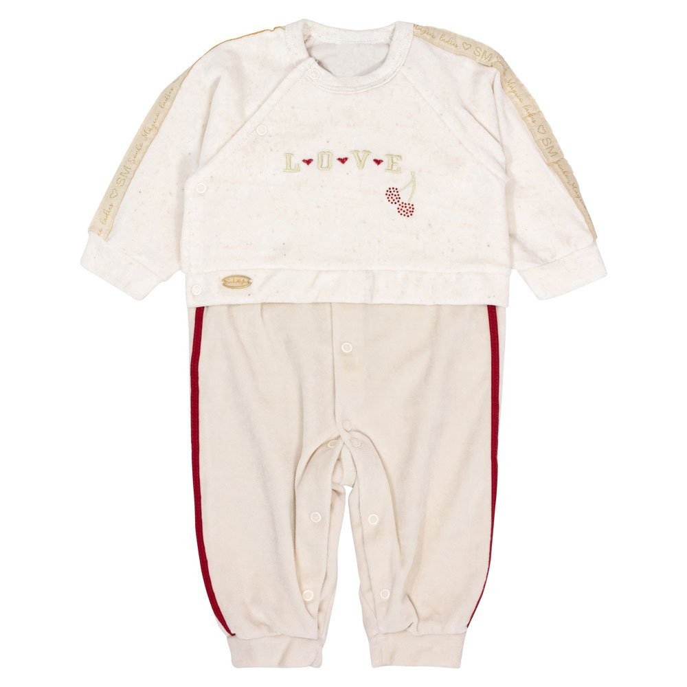Macacão Longo Em Plush Para Bebê Menina Bordado Love Bege