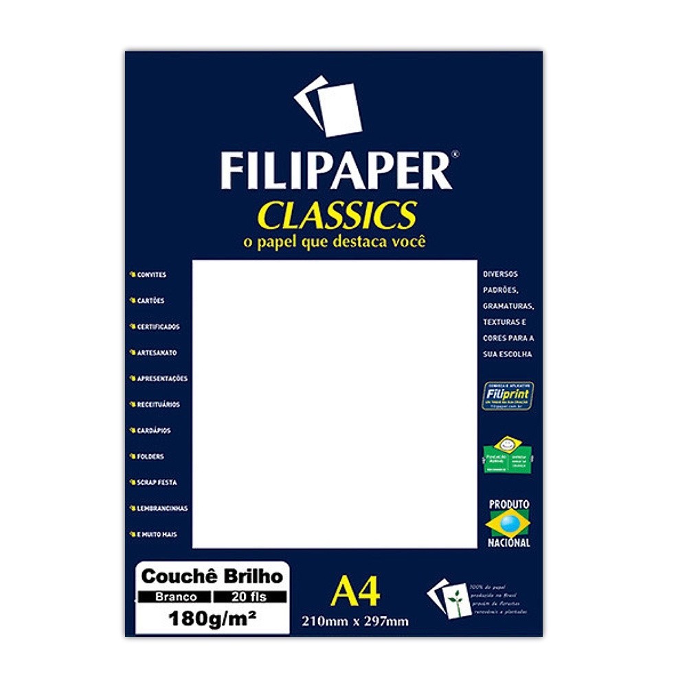 Papel Couchê Brilho Branco A4 Filipaper 180g 20 Folhas