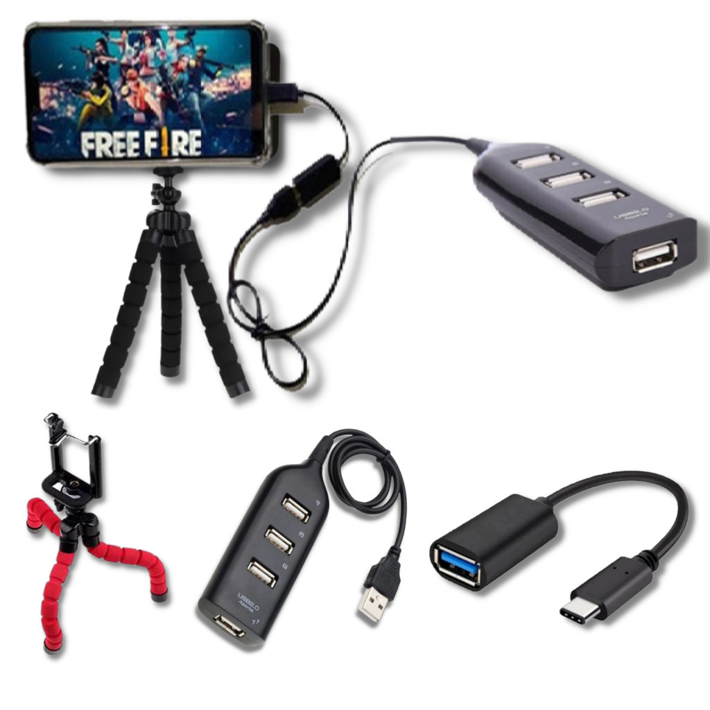 Kit Mobilador Gamer Hub 4 Portas 480Mbps + Adaptador Otg Usb-c Ou Micro Usb + Tripé Suporte Flexível Resistente