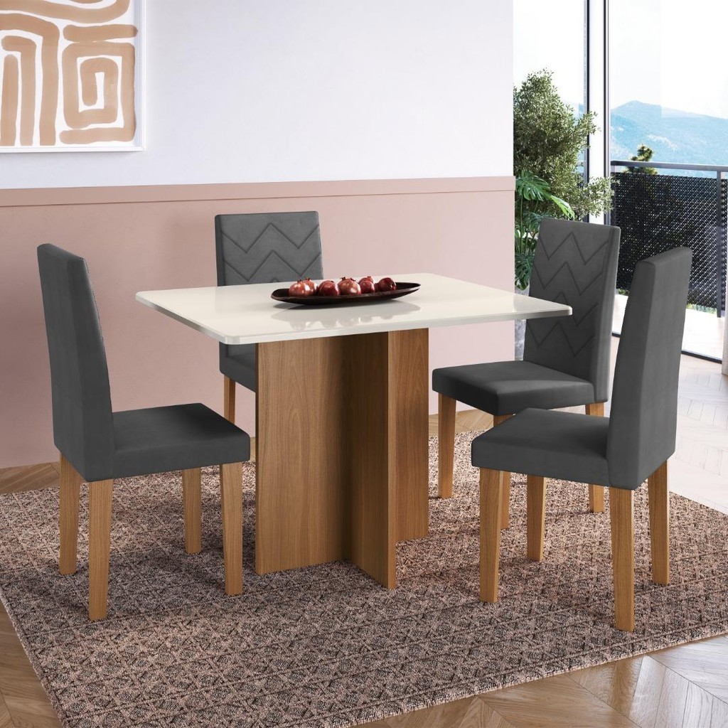 Conjunto Sala de Jantar Fidelitá Itália 110cm Com 4 Cadeiras Freijó/Off-White Assento Grafite - Home & Living