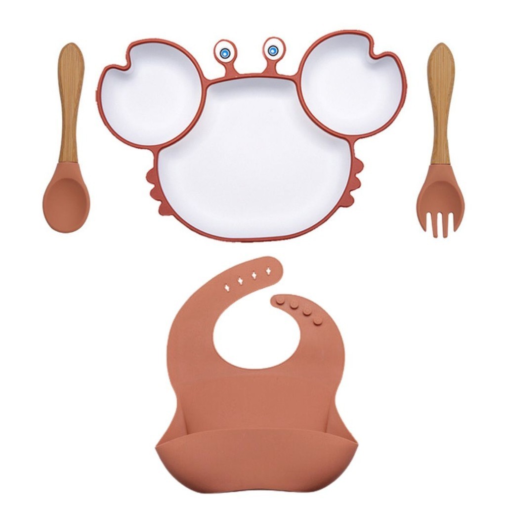 Kit Alimentação Bebê Criança Prato Talheres Babador Silicone Livre de BPA Flexível Ventosa Baby
