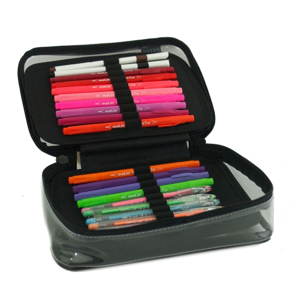 Estojo Box 100 Pens 2 divisorias Cristal Preto