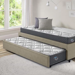 Bicama Box Viúva 126x208 Courino Linho Bege com Dois Colchões Adapto Molas Ensacadas Ecoflex