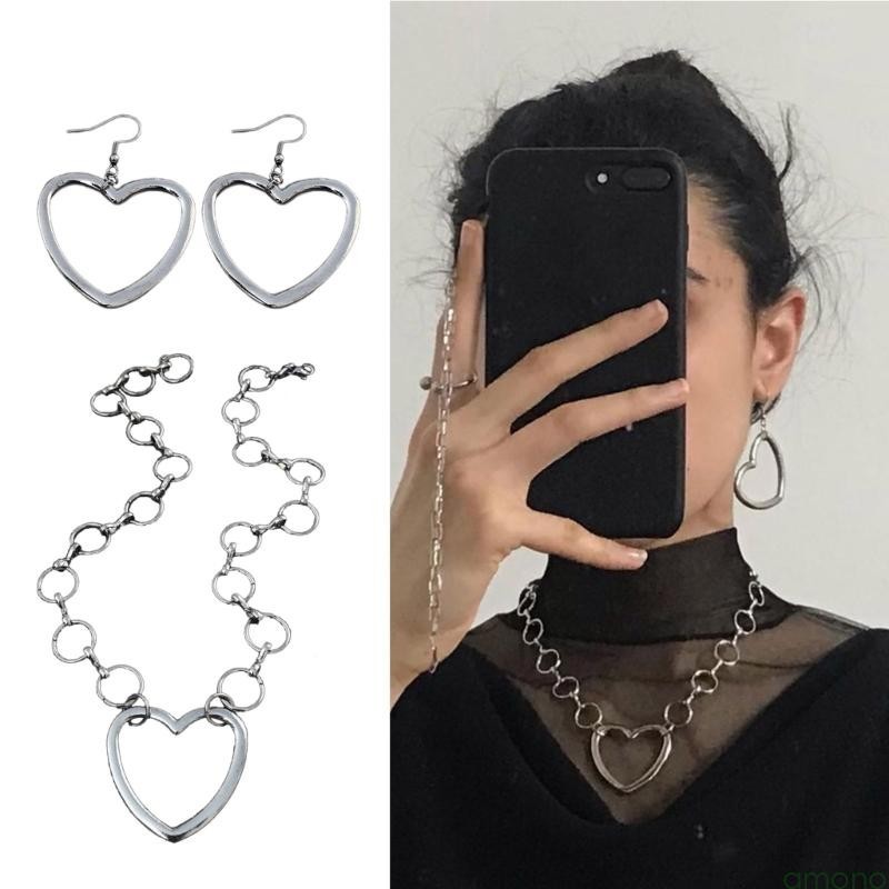 Amon Colar Brincos Pingente Simples Sweet Cool Metal Hollow Big Heart Charm Earrings Small Hoop Jóias