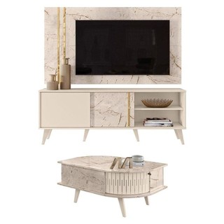 Rack Bancada E Painel Para Tv Cronos Com Mesa De Centro Indianápolis Calacata Off White - Madetec em Oferta na Shopee