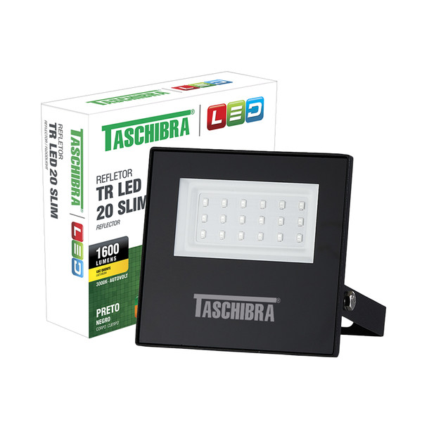 Refletor Led Taschibra Holofote TR Slim 20W Luz Quente  3000K Preto IP65 A Prova D'água Bivolt