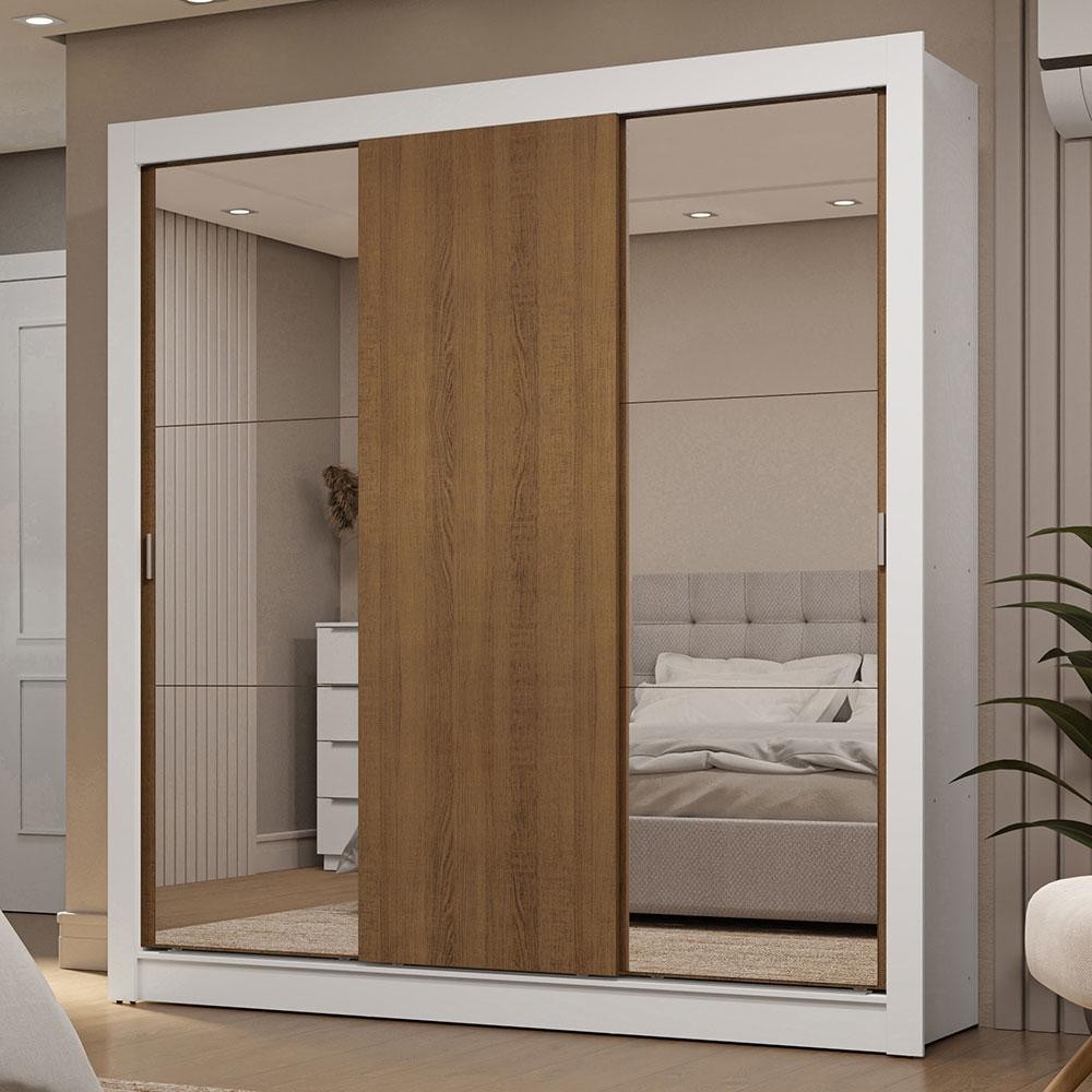 Guarda-Roupa Casal 3 Portas de Correr com Espelhos 2 Gavetas Branco/Rustic Sublime Madesa em Oferta na Shopee