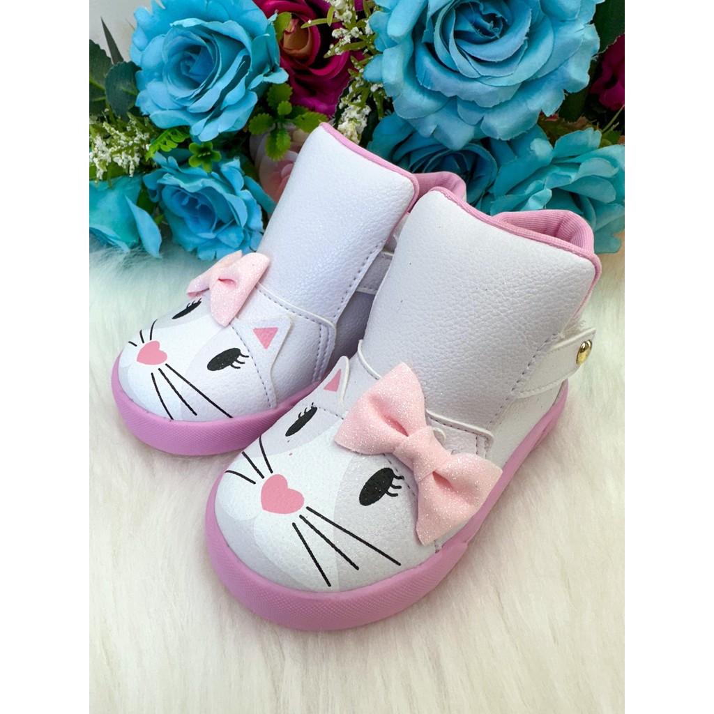 Tênis Bota Encanto de Criança Gatinha Branco Fashion Infantil Feminino Cano Curto Inverno Confortável