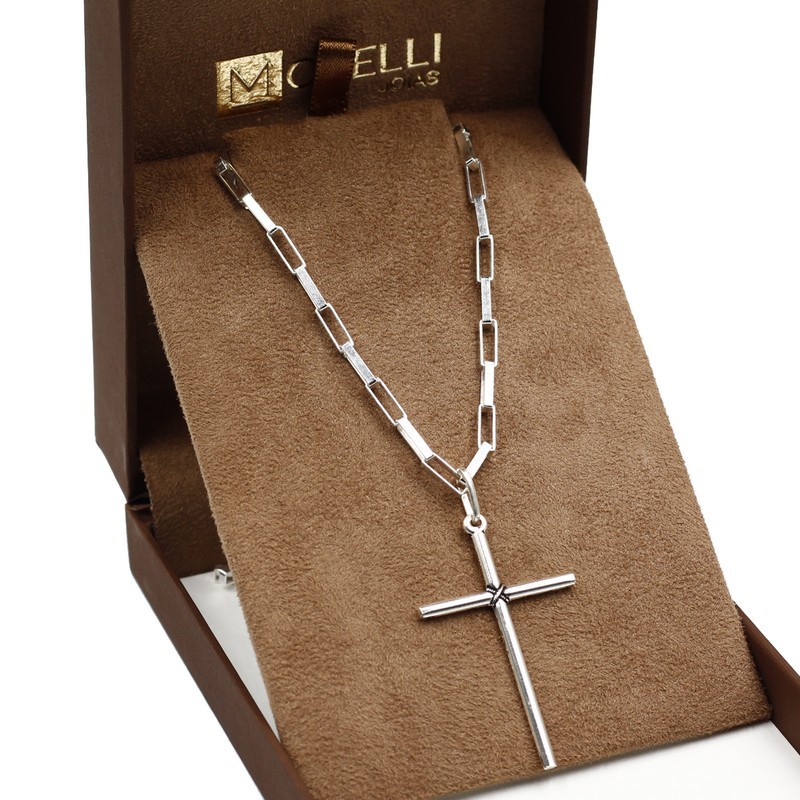 Corrente de prata 925 Cartier Tijolinho 60cm Pingente Cruz em Oferta na Shopee