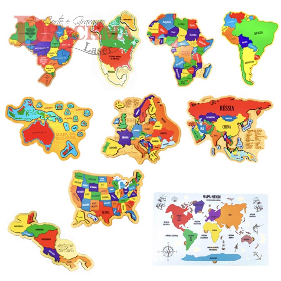 Kit Quebra-cabeça Mapas África, Oceania, Brasil, América do Sul e Norte, Central Ístmico, Europa, Ásia, EUA, Mapa Mundi