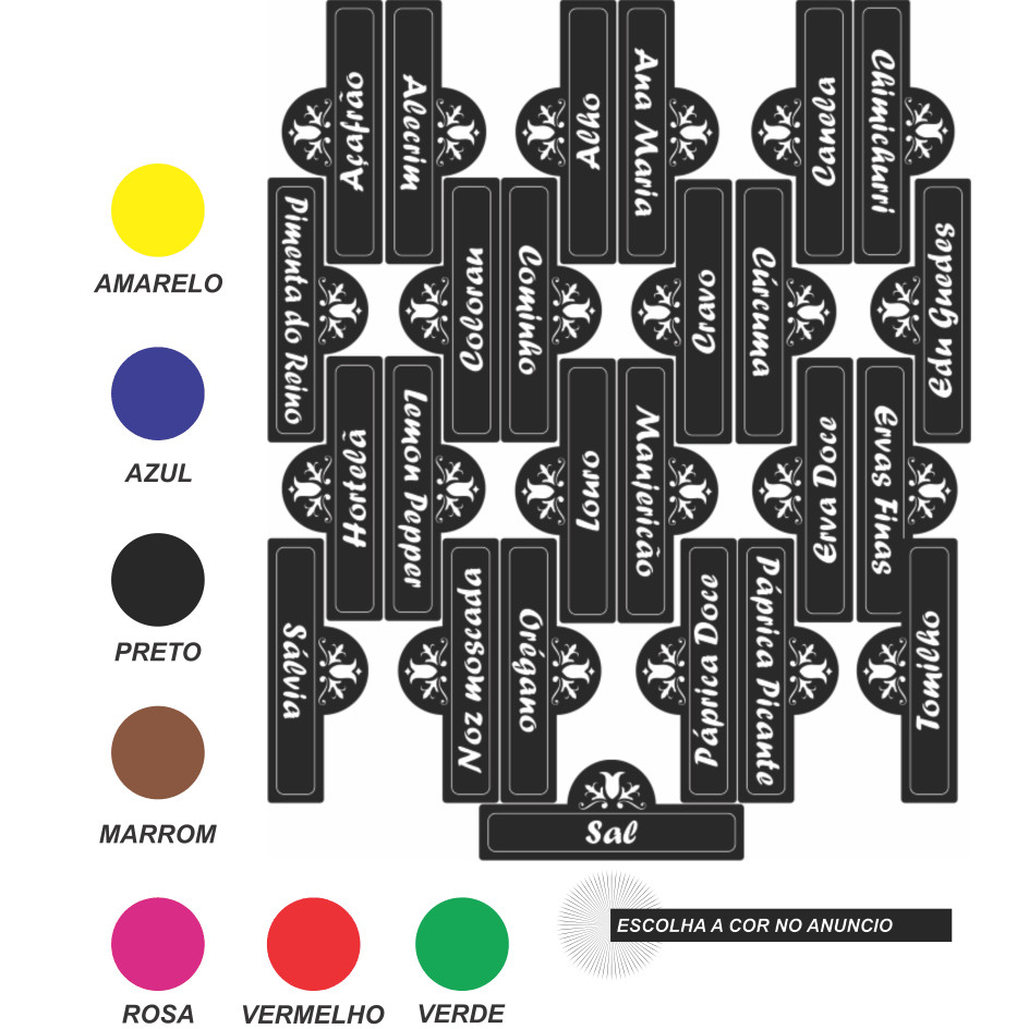CARTELA TEMPERO 25 ETIQUETAS ADESIVO AUTO COLANTE ROTULO 6X2 CM A PROVA DE AGUA PARA POTES RECIPIENTE MANTIMENTOS CONDIMENTOS ORGANIZAÇÃO  E BELEZA PARA SUA COZINHA COR AMARELO AZUL PRETO MARROM ROSA VERDE VERMELHO TRANSPARENTE BRANCO