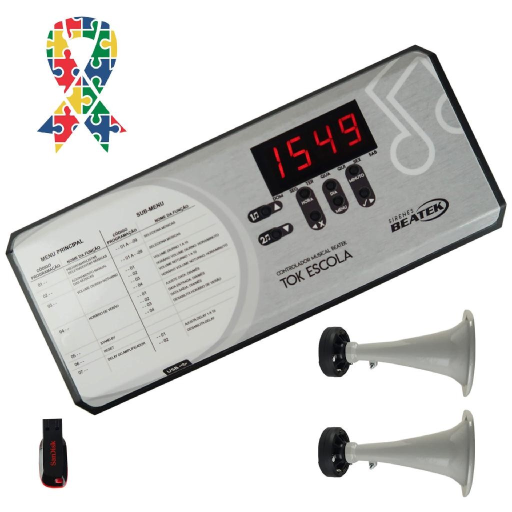 Sirene Musical Escolar Amplificada + Par De Cornetas Aluminio  - Tok Escola Plus 100w