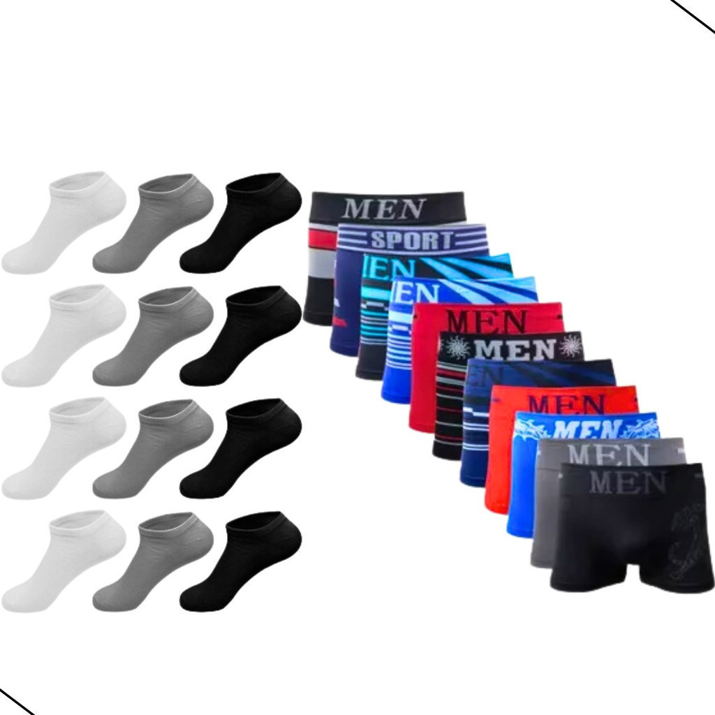 Kit 10 Cuecas Box Boxer + 12 Pares De Meias Canos Curtos