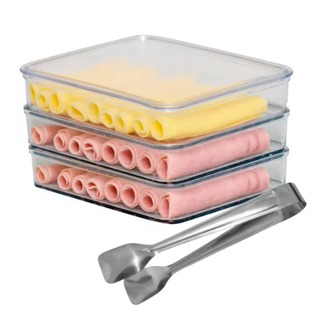 Porta Frios Triplo Triplex 3 Andares Acrilico Resistente Kit Com Pegador Inox