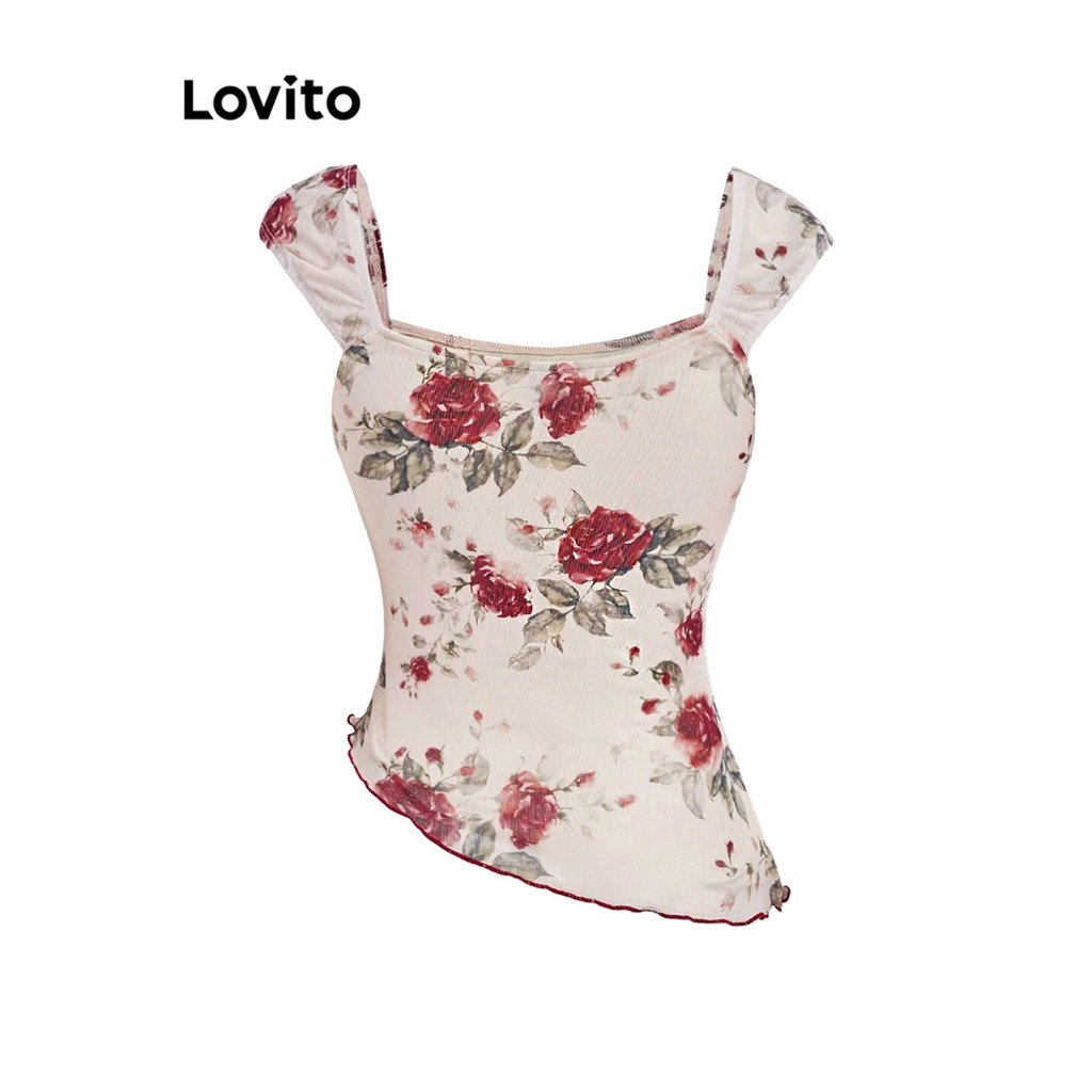 (Trendy) Lovito Blusa casual floral com cadarço para mulheres L104ED676 - Women Clothes