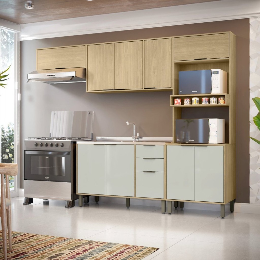 Cozinha Modulada Glória 4 Peças com Aéreo 1200 3 Portas e Torre 2 Fornos Castanho/Off White em Oferta na Shopee