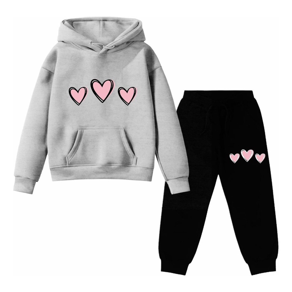 Conjunto Moletom Infantil 3 Corações Kit Blusa Calça  Lazer Inverno Canguru  Bolso Touca Dia a Dia