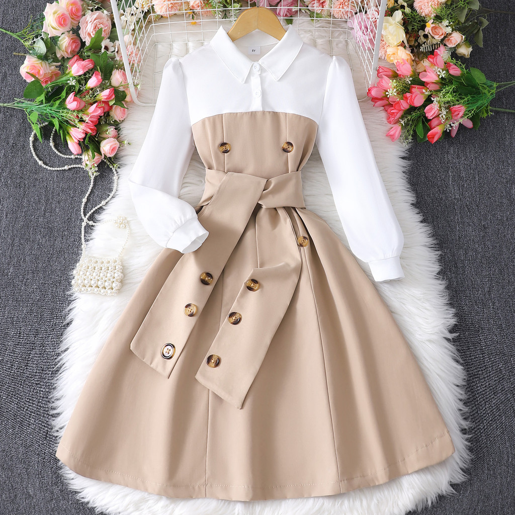 Vestido De Cinto Para Roupas De Menina Crianças Traje Vestidos De Festa Retro Estilo Férias Britânico Outono Inverno Manga Longa 8-12 Anos