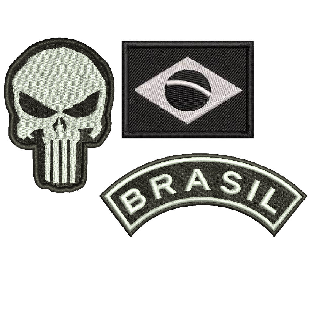 Kit 3 Patch Bordado Airsoft Caveira Bandeira Manicaca Brasil