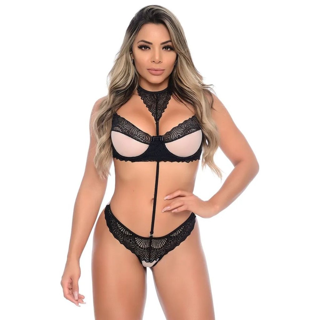 Conjunto Lingerie Calcinha e Sutiã Rendado Fio Tule Sem Bojo Sensual Sex Preto