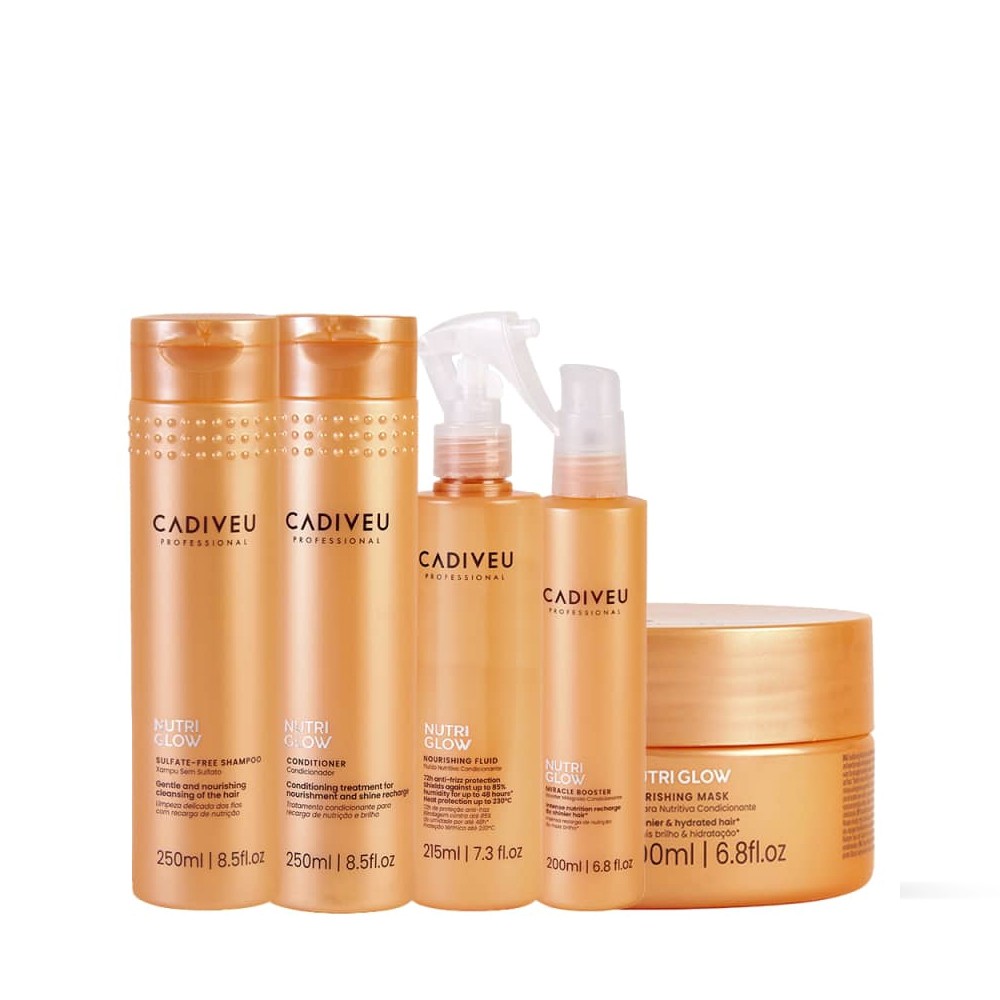 Kit Cadiveu Nutri Glow Shampoo Condicionador Fluído Booster e Máscara (5 produtos) em Oferta na Shopee