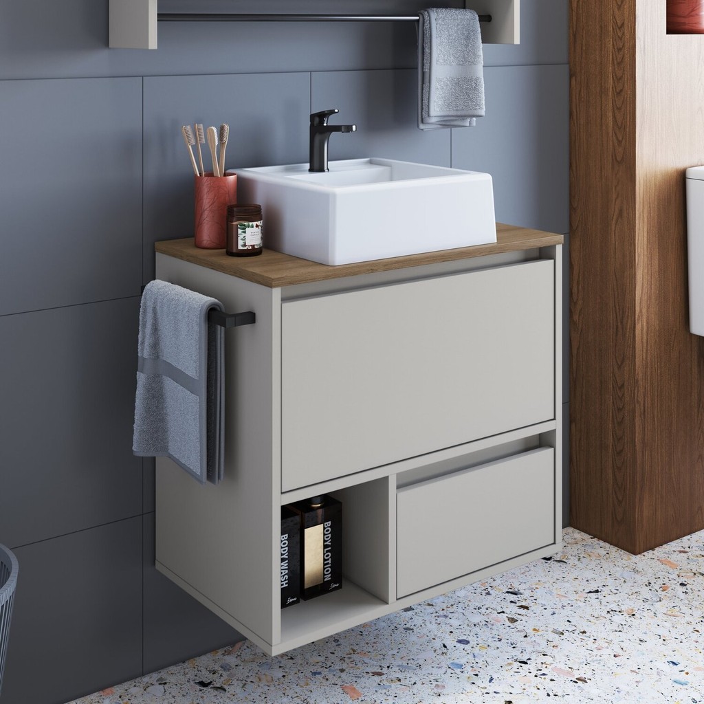 Gabinete de Banheiro Suspenso 60cm com 1 Nicho 1 Toalheiro 1 Porta e 1 Gaveta com Cuba Mel/Arenas em Oferta na Shopee