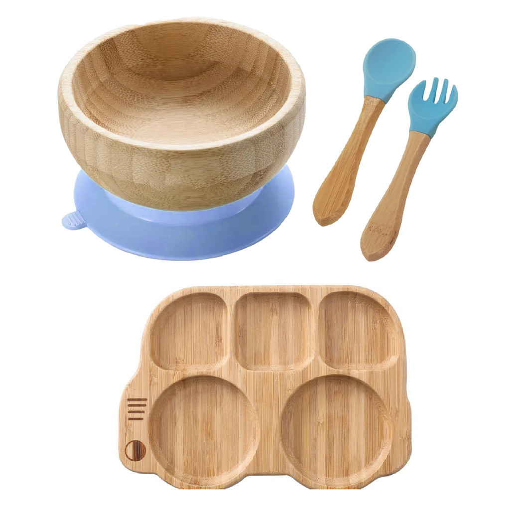 Kit Alimentação Bebê Pratinho Carrinho Bus Com Divisórias Bowl Talheres Silicone E Bambu