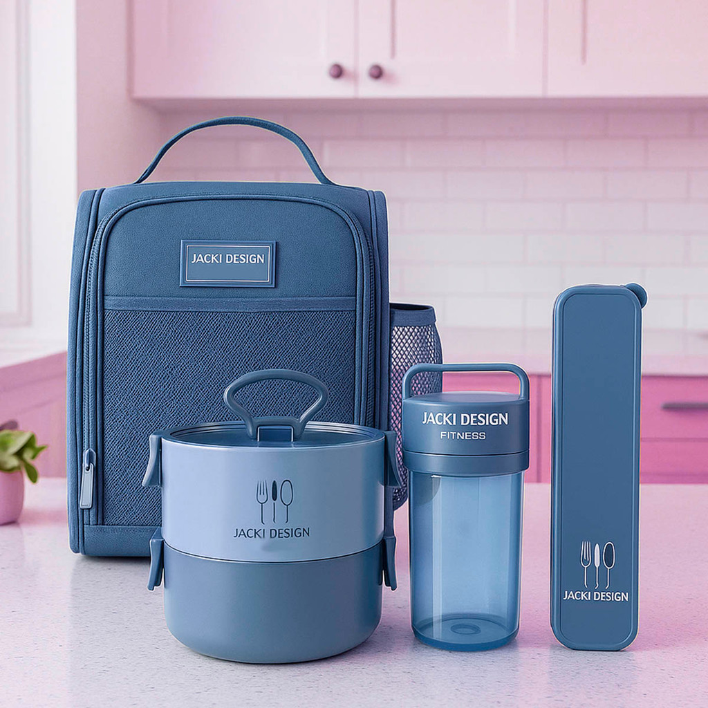 Conjunto da Linha Joy com Bolsa térmica Porta talher Pote de Marmita 2 Andares e Garrafa 430ml Azul