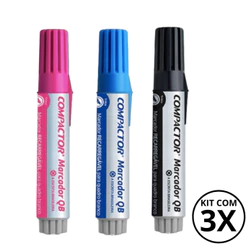 Kit com 3 Marcadores Para Quadro Branco - COMPACTOR COR:ROSA + AZUL +PRETO