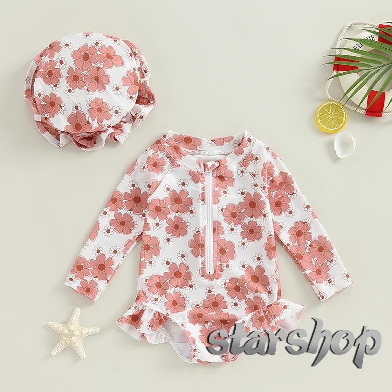 Starshop-Maiô Para Bebês Meninas Manga Comprida Estampa Floral Biquíni Com Zíper E Chapéu Roupa De Banho Recém-Nascidos