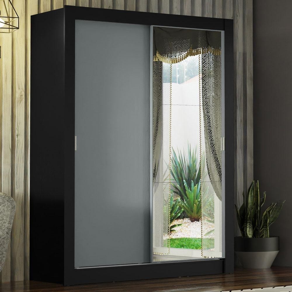 Guarda-roupa Solteiro 2 Portas Com Espelho Preto/Cinza