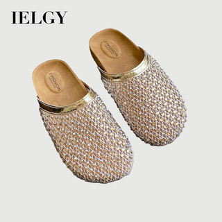 IELGY 2026 Sapatos Femininos Com Strass Arrastão Baotou Sandálias Chinelos Mules Meio Arrasto
