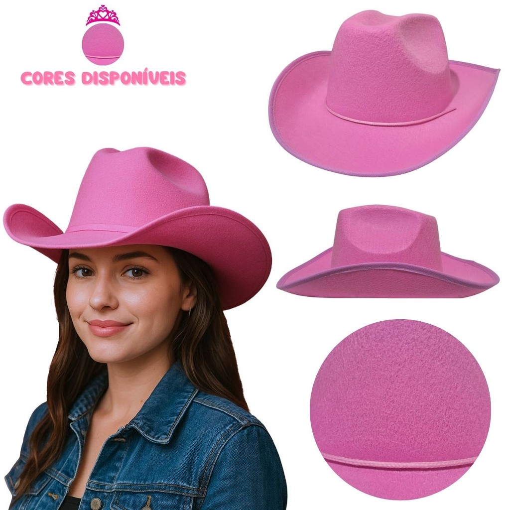 Chapéu Boiadeira Rosa Estilo Country Cowboy Feltro Barretos Show Sertanejo Feminino Rodeio Mulher