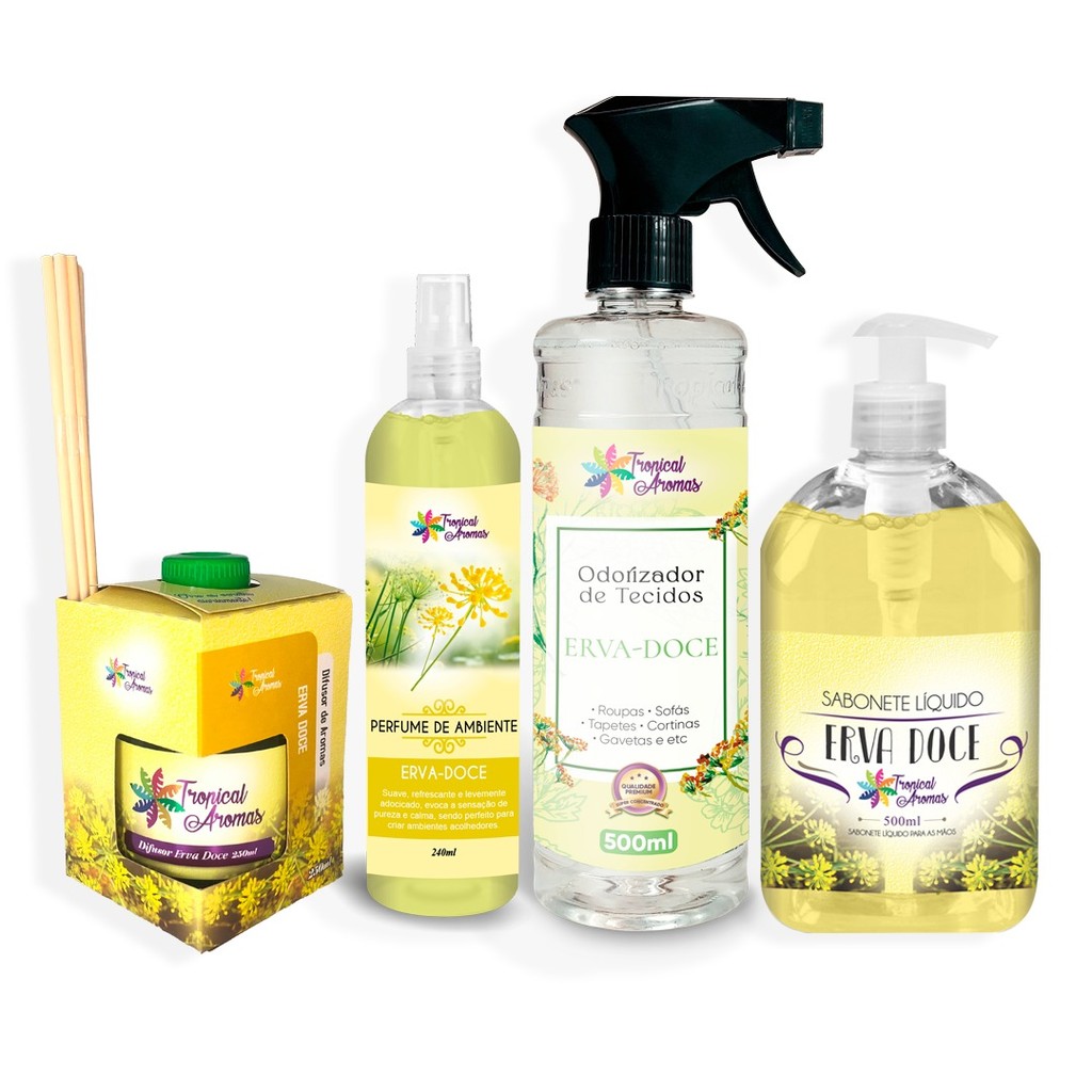 Kit Aromatizador Erva-Doce – Difusor, Odorizador de Tecidos, Perfume de Ambiente e Sabonete Líquido 500ml